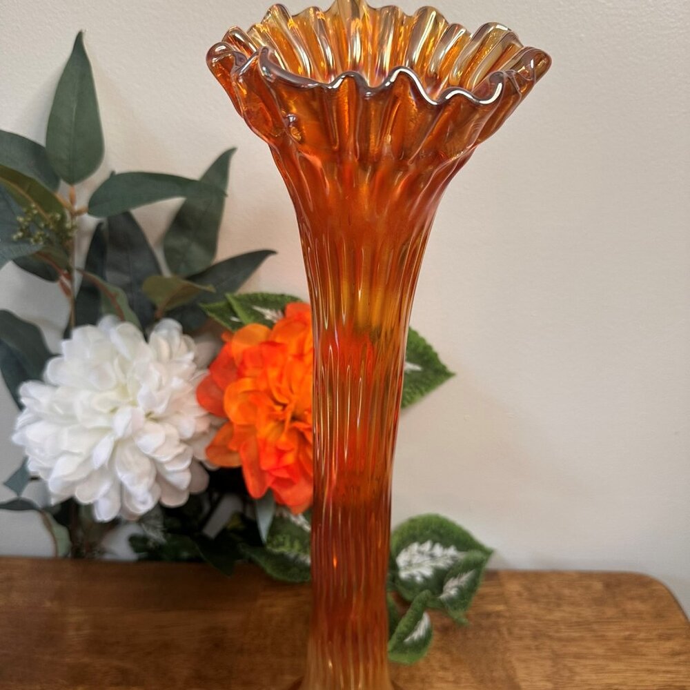 Fenton Rustic Marigold Carnival Glass Vase Candy Ribbon Edge Large Vintage‎